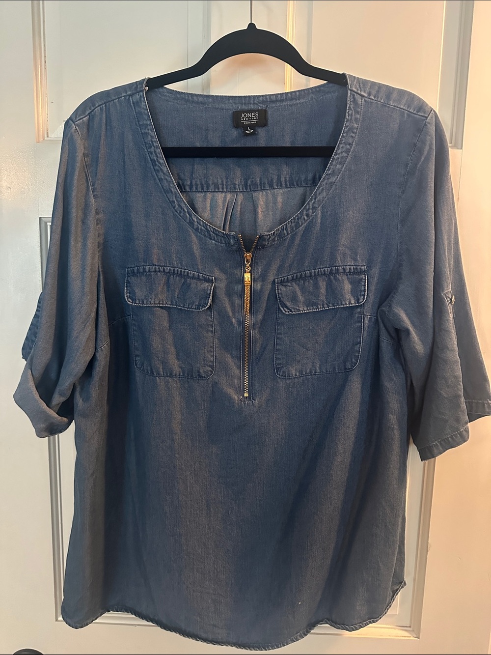 Jones New York Blue Chambray Half-Zip Pocket Blouse